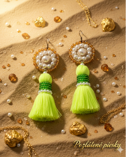 Háčkované  dizajnové náušnice "Pozlátené piesky"